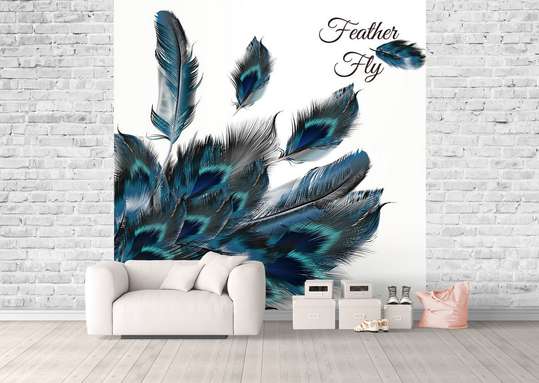 Wall Mural - Blue abstract feathers on a light background.