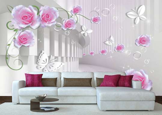 3D Wallpaper - Pink rose on the background of the tunnel.
