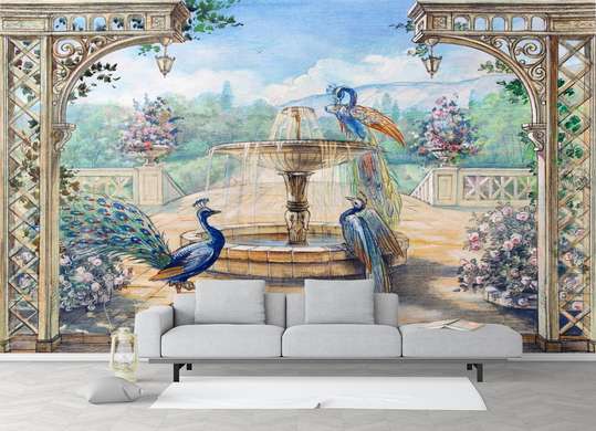 Wall Mural - View from the terrace to the park where peacocks walk.