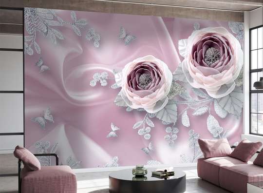 Wall Mural - Delicate roses and pink silk