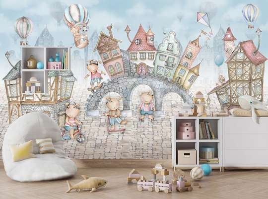 Nursery Wall Mural - Cute animals in the town