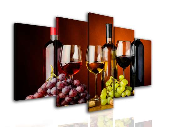 Modular picture, Wine bottles with wine and grapes., 108 х 60
