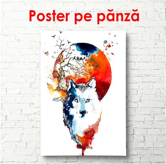 Постер - Волк и луна, 60 x 90 см, Постер в раме