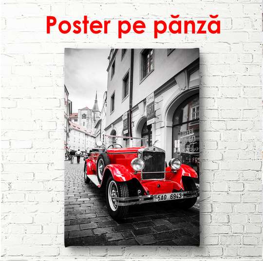 Постер - Красный автомобиль на фоне серого города, 45 x 90 см, Постер в раме