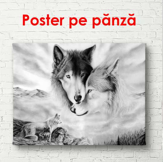 Poster - Lupi, 45 x 30 см, Panza pe cadru, Alb Negru