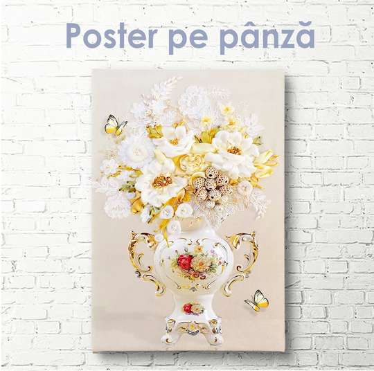Poster, Vaza din portelan cu flori, 30 x 60 см, Panza pe cadru