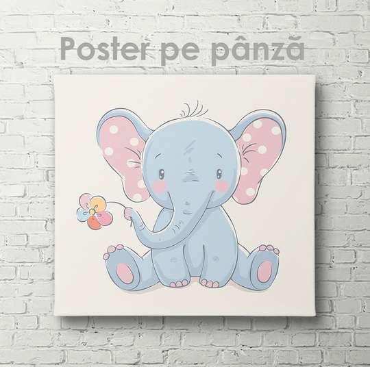 Poster - Elephant with a flower, 100 x 100 см, Framed poster on glass