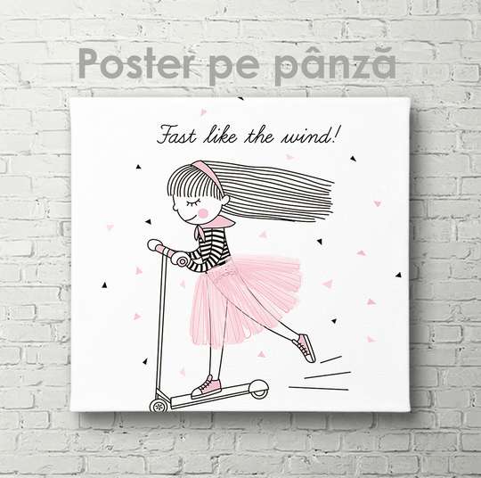 Постер - Девочка с самокатом, 40 x 40 см, Холст на подрамнике