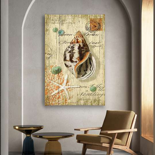 Постер - Ретро картинка с морской ракушкой, 45 x 90 см, Постер в раме, Прованс