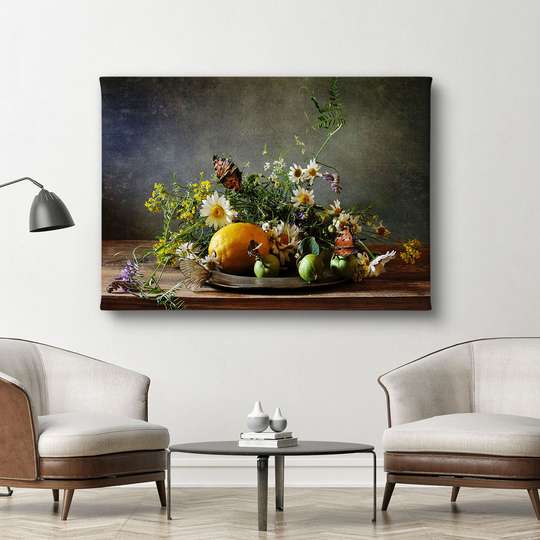 Постер - Натюрморт с цветами и лимоном, 45 x 30 см, Холст на подрамнике, Натюрморт