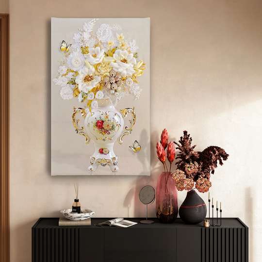 Постер - Фарфоровая ваза с цветами, 30 x 60 см, Холст на подрамнике, Натюрморт