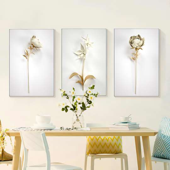 Постер - Белые цветы и золотые листья 5, 60 x 90 см, Постер на Стекле в раме, Наборы