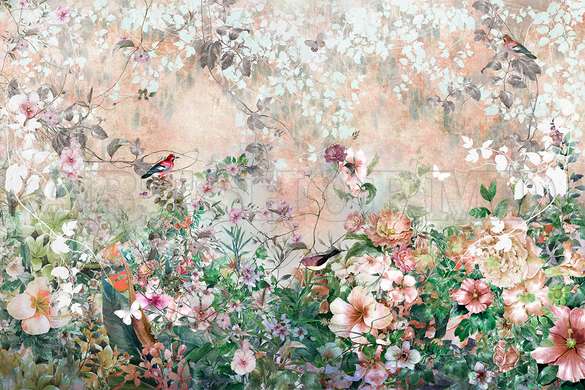 Wall mural - Garden with multicolored flowers and birds