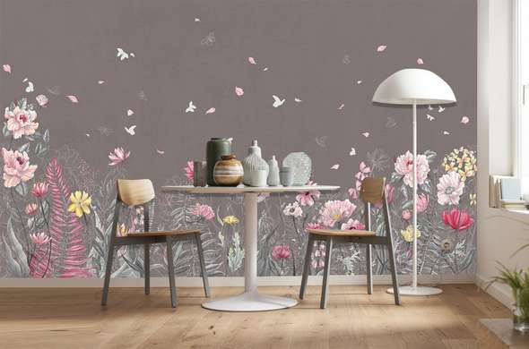 Wall Mural - Summer flowers on a gray background