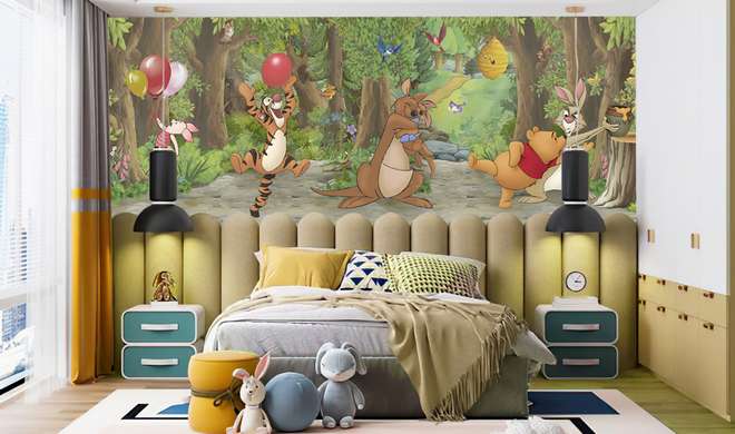 Wall mural in the nursery - Winnie the Pooh and his friends in the forest