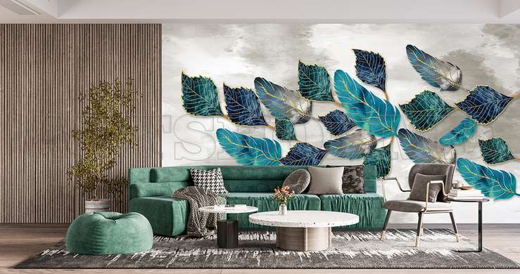 Wall mural - Turquoise leaves on gray background