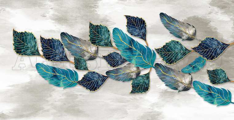 Wall mural - Turquoise leaves on gray background