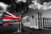 Poster - British flag on the background of a black and white city, 90 x 60 см, Framed poster, Black & White