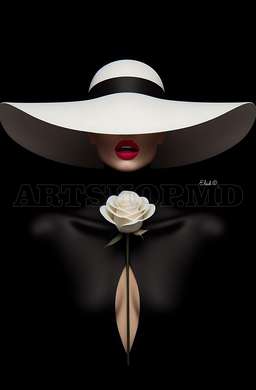 Poster - The mysterious girl in the white hat, 60 x 90 см, Framed poster on glass, Glamour