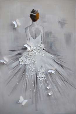 Постер - Девушка в белом платье с цветами и бабочками, 60 x 90 см, Постер на Стекле в раме