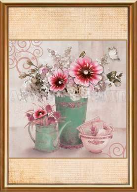 Постер - Нежные букеты из розовых цветов в зеленой вазе, 60 x 90 см, Постер на Стекле в раме, Прованс