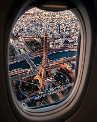 Poster - Tur Eiffel Vedere din fereastra avionului, 60 x 90 см, Poster inramat pe sticla, Orașe și Hărți