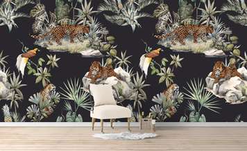 Wall Mural - Seamless print of animals in the jungle on a black background