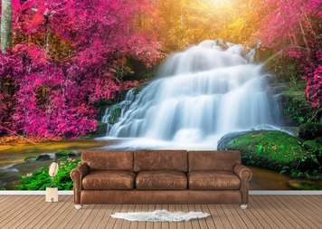 Wall Mural - Waterfall and pink trees.