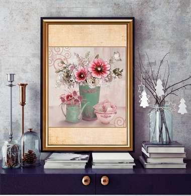 Постер - Нежные букеты из розовых цветов в зеленой вазе, 60 x 90 см, Постер в раме, Прованс