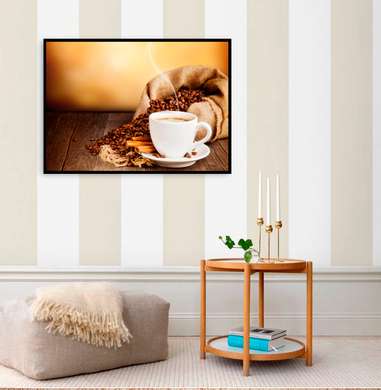 Poster - Cup of coffee with coffee beans on a golden background, 90 x 60 см, Framed poster, Food and Drinks