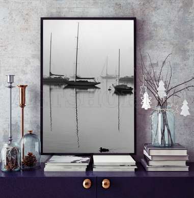 Постер - Морской пейзаж, 45 x 90 см, Постер на Стекле в раме, Черно Белые