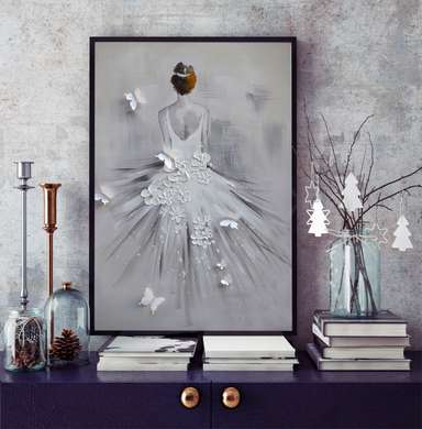 Poster - Fată în rochie albă cu flori și fluturi, 60 x 90 см, Poster inramat pe sticla