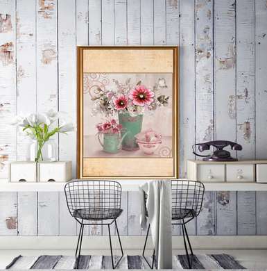 Poster - Delicate bouquets of pink flowers in a green vase, 60 x 90 см, Framed poster, Provence