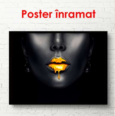 Poster - Golden lips on a gray background, 90 x 60 см, Framed poster, Glamour