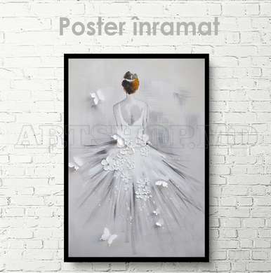 Poster - Fată în rochie albă cu flori și fluturi, 30 x 45 см, Panza pe cadru, Fantezie