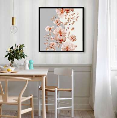Постер - Розовая ветка орхидеи на серо белом фоне, 40 x 40 см, Холст на подрамнике, Ботаника