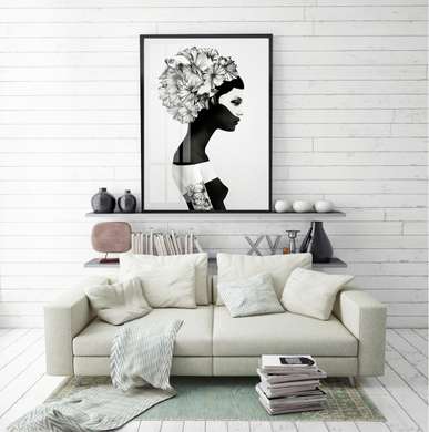 Poster - Living wreath, 60 x 90 см, Framed poster on glass, Black & White