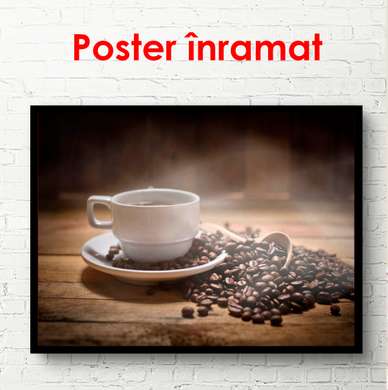 Poster - O cană de cafea pe masă, 90 x 60 см, Poster înrămat, Alimente și Băuturi
