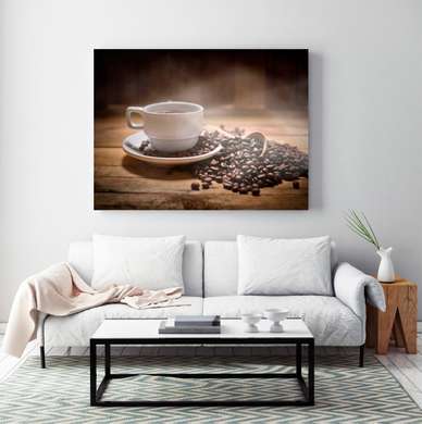 Poster - Cup of coffee on the table, 90 x 60 см, Framed poster on glass, Food and Drinks