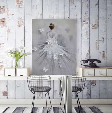 Постер - Девушка в белом платье с цветами и бабочками, 30 x 45 см, Холст на подрамнике