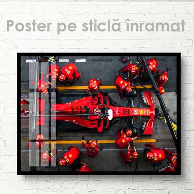 Poster - Red Formula 1 and her team, 90 x 60 см, Framed poster on glass