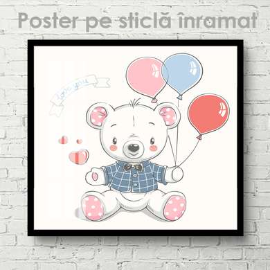 Постер - Мишка с шариками, 100 x 100 см, Постер на Стекле в раме, Для Детей