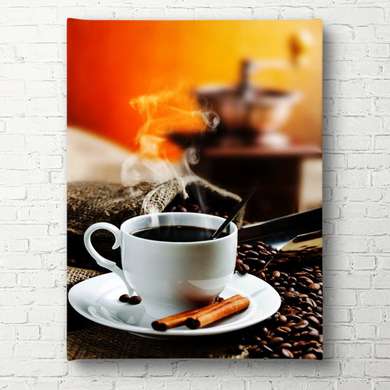 Poster - Paharul alb cu cafea fierbinte pe un fundal portocaliu, 45 x 90 см, Poster înrămat, Alimente și Băuturi