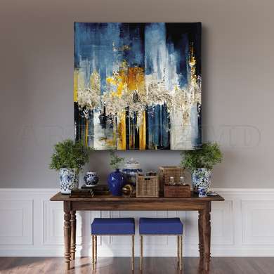 Poster - Abstract colors of gold and blue, 100 x 100 см, Framed poster on glass, Abstract