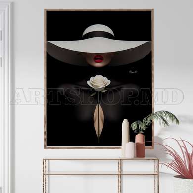 Poster - The mysterious girl in the white hat, 30 x 45 см, Canvas on frame, Glamour