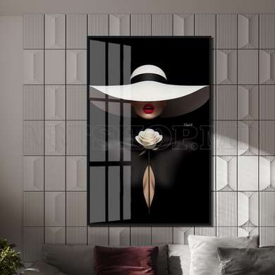 Poster - The mysterious girl in the white hat, 60 x 90 см, Framed poster on glass, Glamour