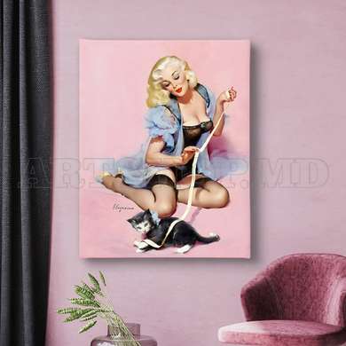 Poster - Marilyn Monroe and a cute cat, 30 x 45 см, Canvas on frame, Famous People