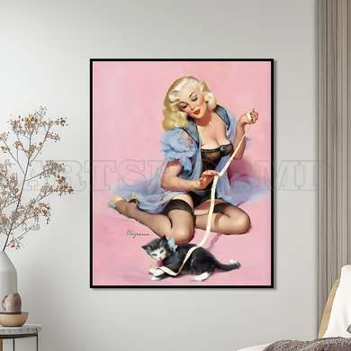 Poster - Marilyn Monroe and a cute cat, 30 x 45 см, Canvas on frame, Famous People