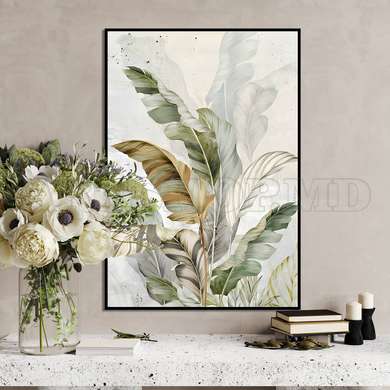 Poster - Tropical green leaves, 60 x 90 см, Framed poster on glass, Botanical