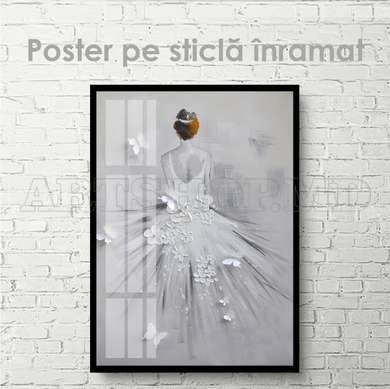 Poster - Fată în rochie albă cu flori și fluturi, 30 x 45 см, Panza pe cadru, Fantezie